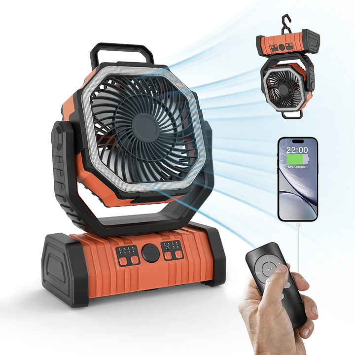 Portable fan with remote control and smartphone app on a white background