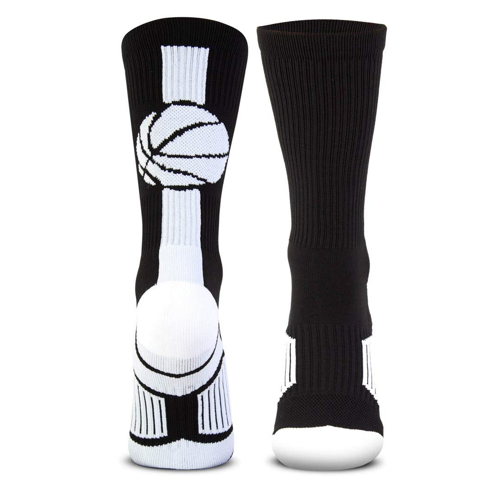 Black socks with white basketball design on a white background