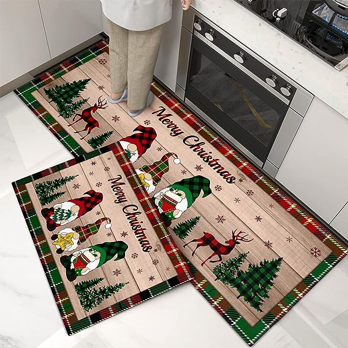 Christmas-themed kitchen mats with gnomes and reindeer on a wooden pattern.
