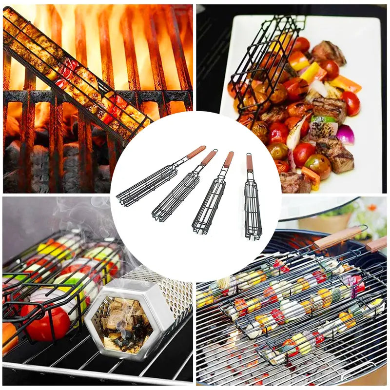 Portable Stainless Steel BBQ Grilling Basket – Non-Stick Grill Basket for Veggies, Meat &amp; More