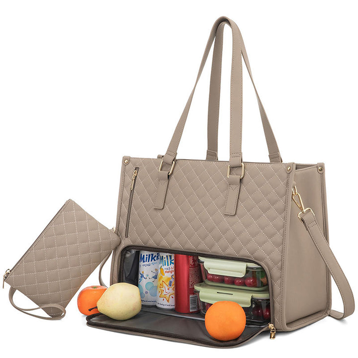 Quilted beige handbag with open compartment showing various items on a white background