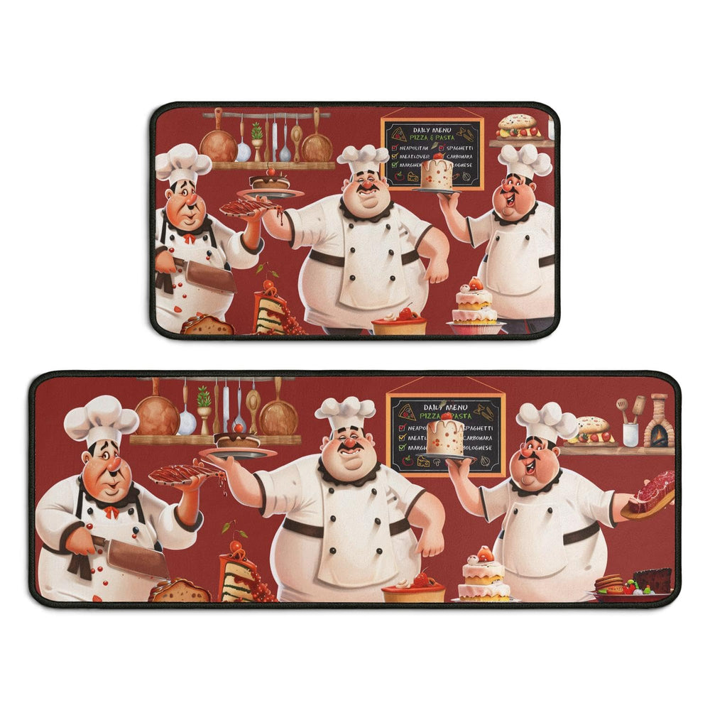 Two cartoon chef mats with a red background featuring chefs and kitchen items.