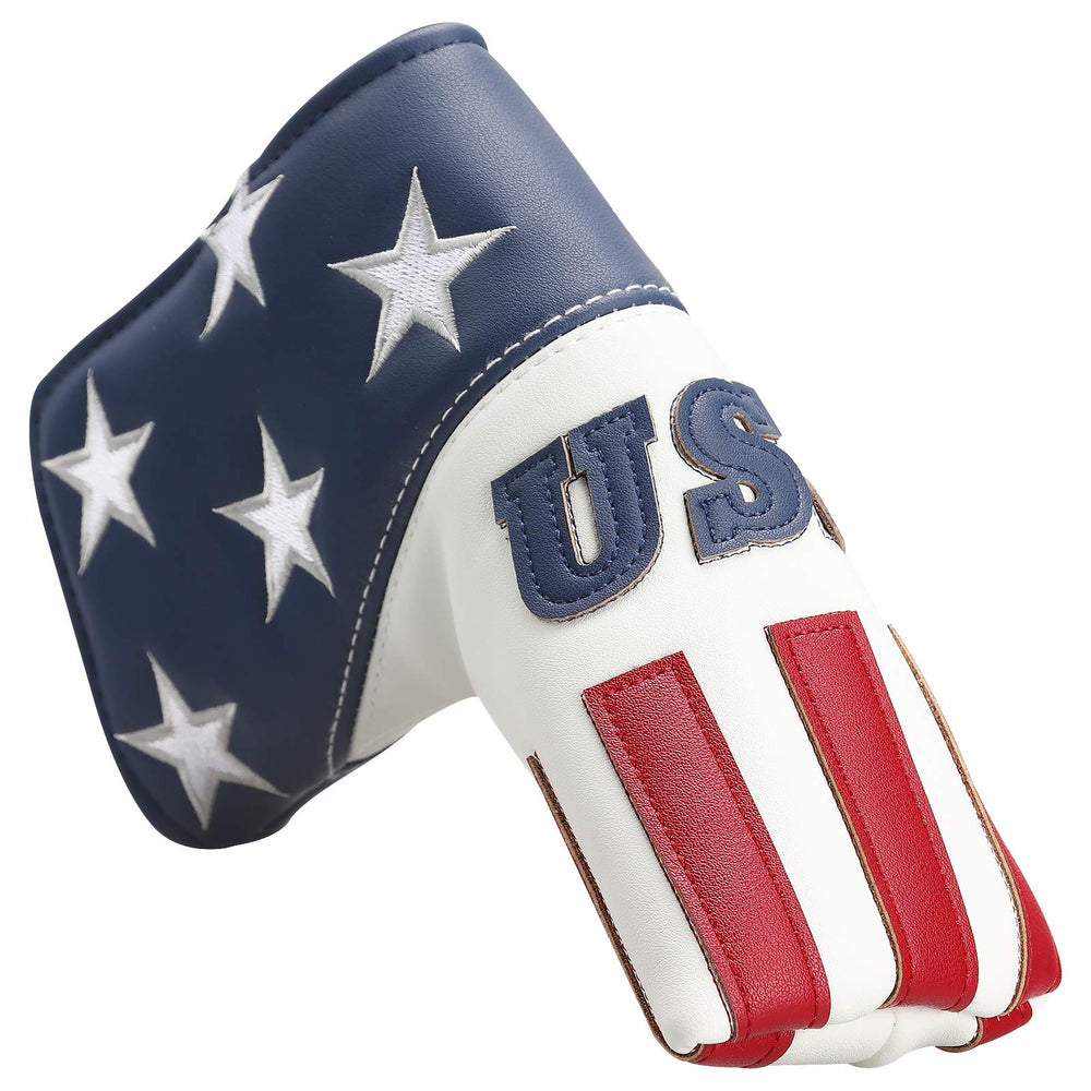 Golf club head cover with American flag design on a white background