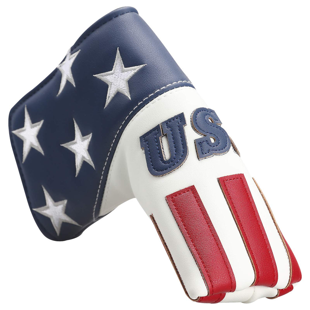 Golf club head cover with American flag design on a white background