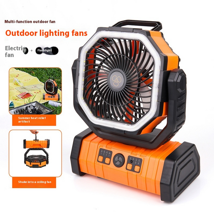 Multifunctional outdoor fan with lighting capabilities on a white background