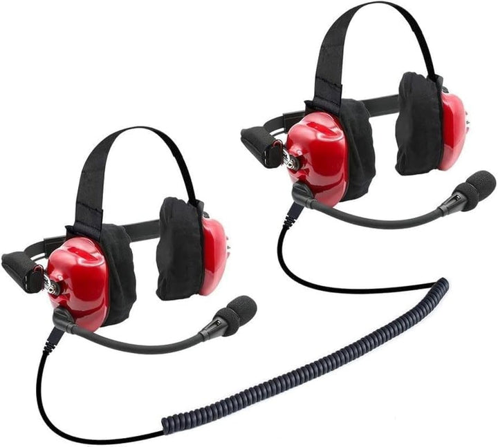 Pair of communication headsets with red speakers and black cabling on a white background
