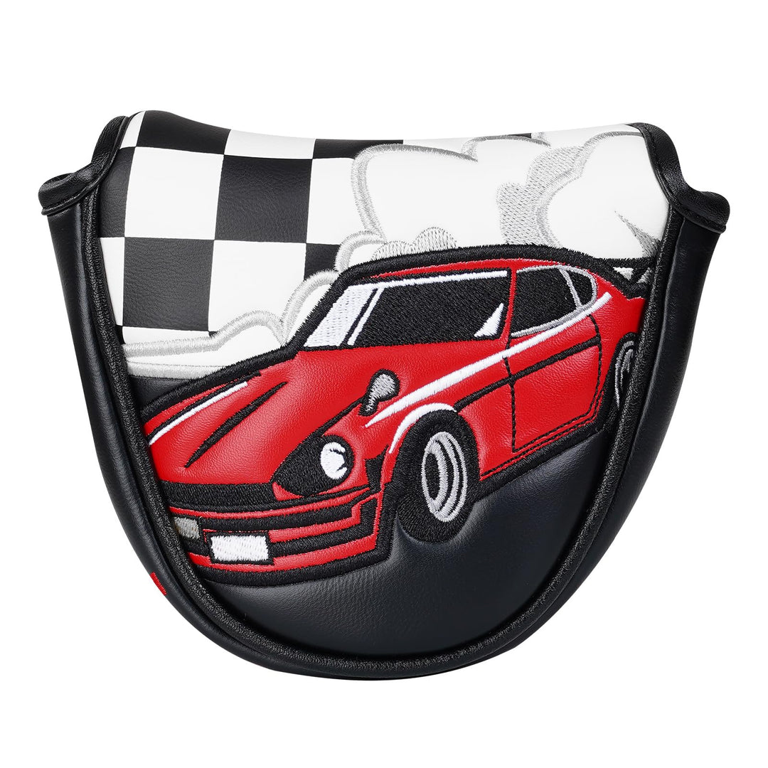 Mallet golf head cover with red car design and checkered pattern on a white background