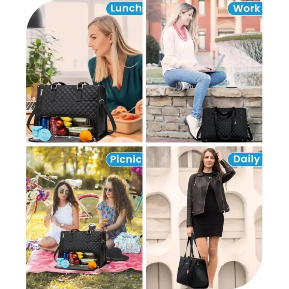 Black handbag used for lunch, work, picnic, and daily activities.