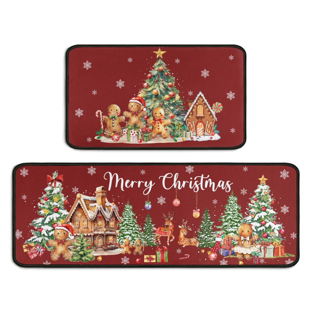 Two Christmas-themed mouse pads with gingerbread men, trees, and houses on a red background.
