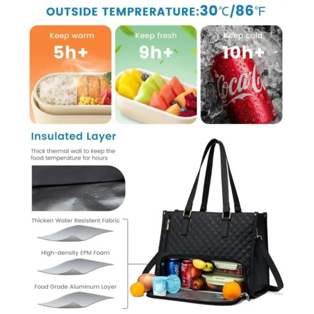 Black insulated tote bag with food items and temperature retention graphics on a white background