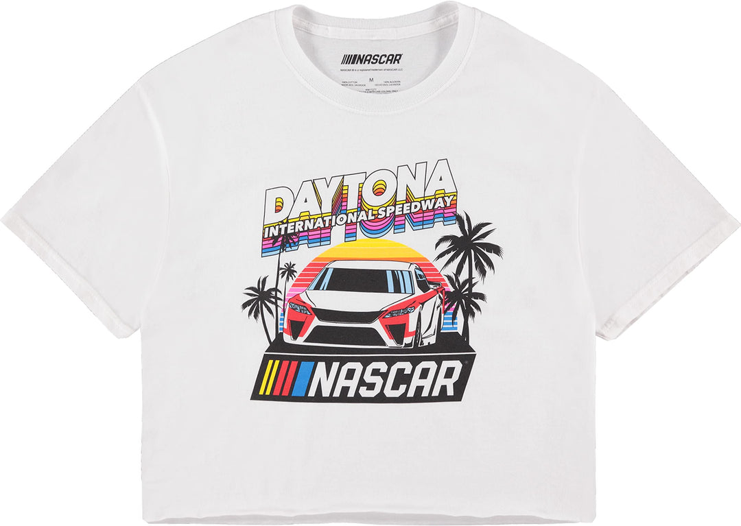 NASCAR Daytona International Speedway Women’s Crop Top – Officially Licensed | Retro Graphic Tee | White