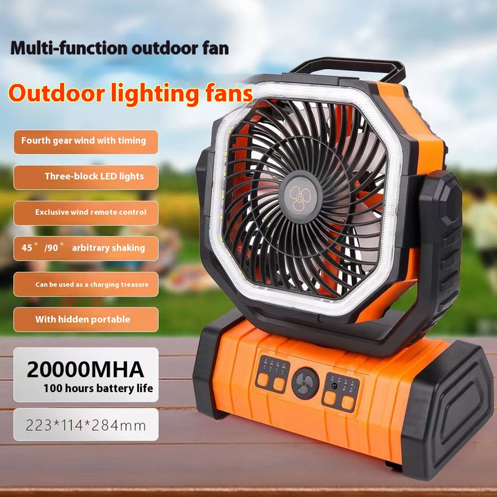 Multi-function outdoor fan with lighting features on a wooden surface