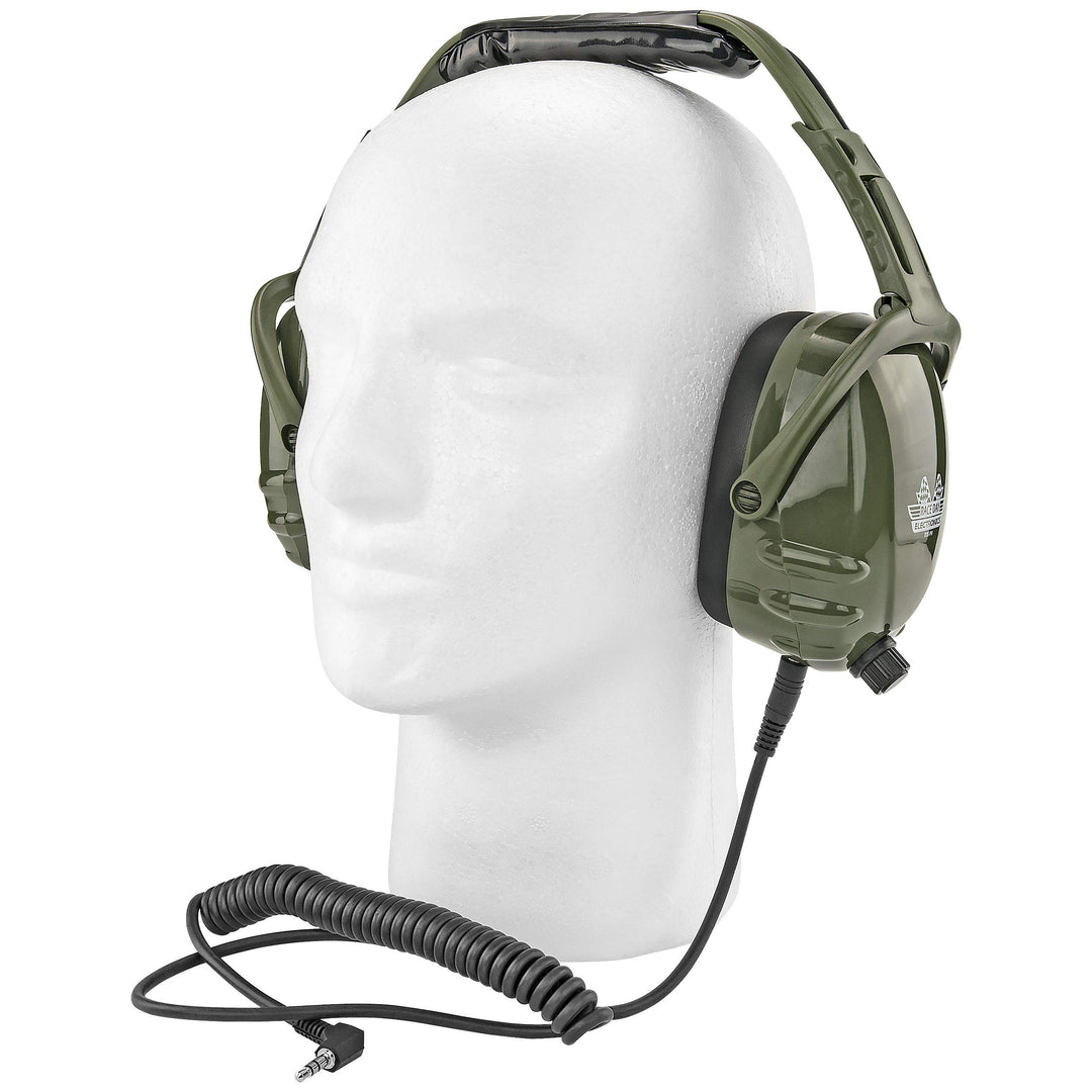 Green tactical headset with microphone on a mannequin head against a white background