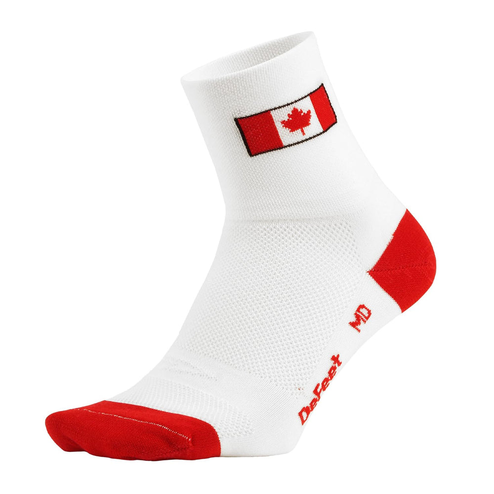White sock with red accents and a Canadian flag on a white background