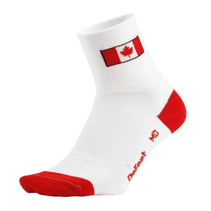 White sock with red accents and a Canadian flag on a white background