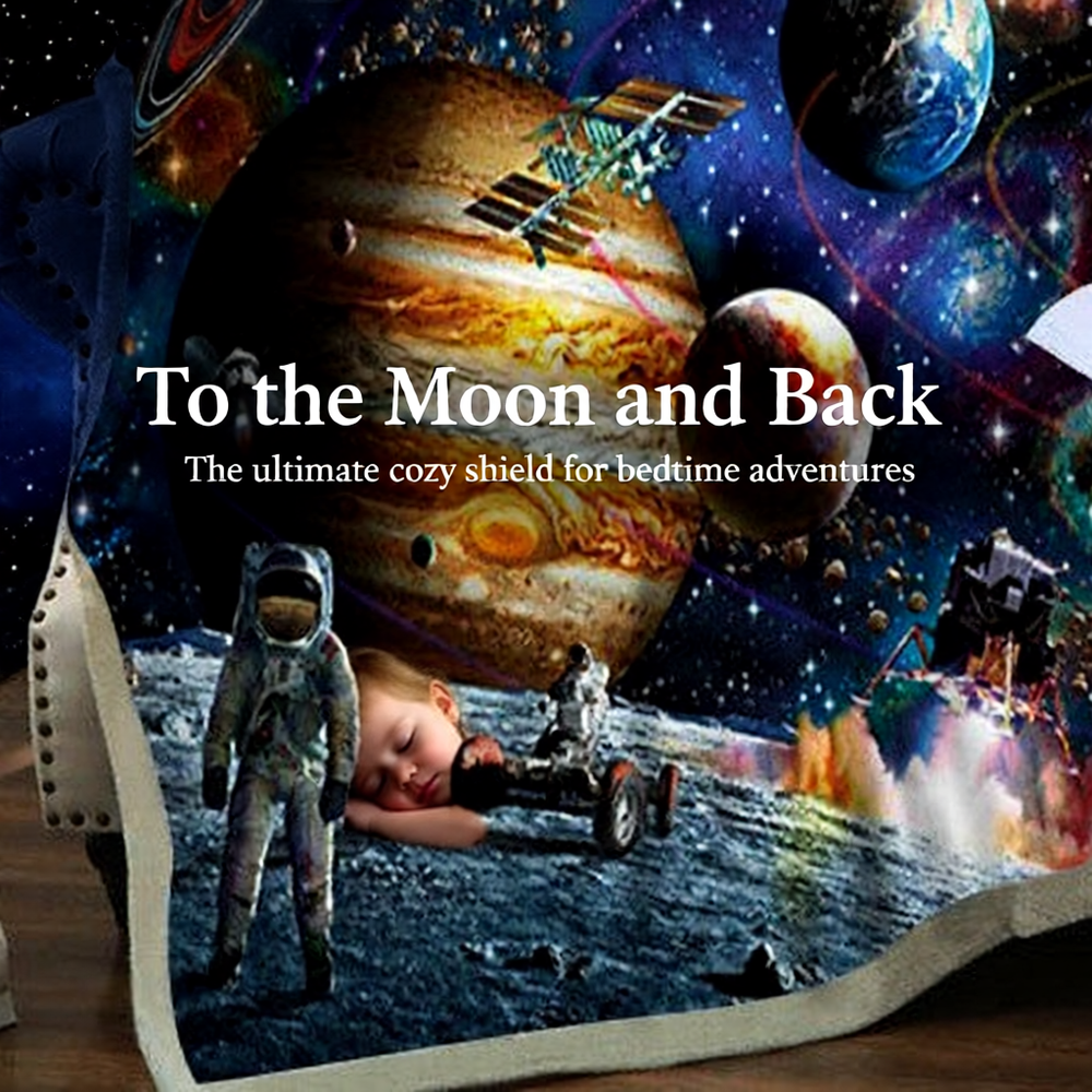 Children's book cover with space-themed illustration and text 'To the Moon and Back'.