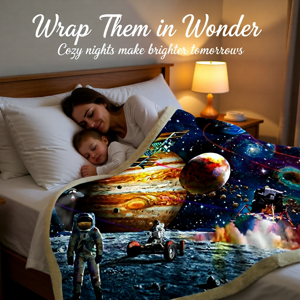 Woman and child under a blanket with a space-themed design in a bedroom setting.
