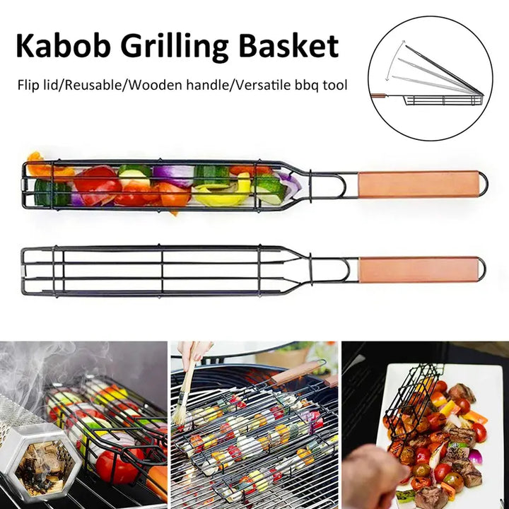 Portable Stainless Steel BBQ Grilling Basket – Non-Stick Grill Basket for Veggies, Meat &amp; More