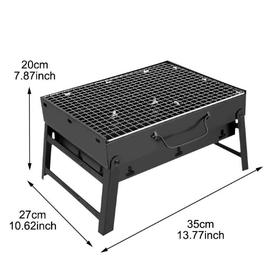 Black portable grill with dimensions labeled on a white background