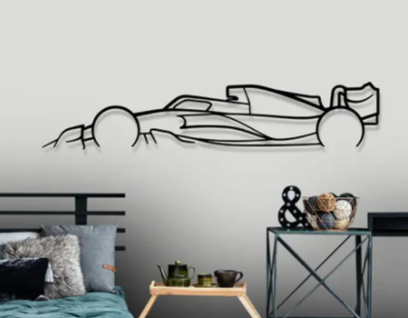 Wall decal of a racing car in a living room setting