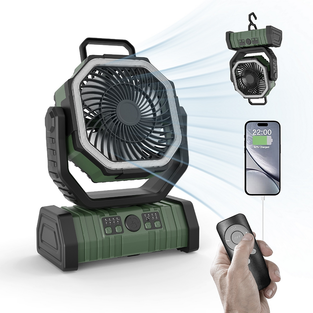 Portable fan with remote control and smartphone app on a white background