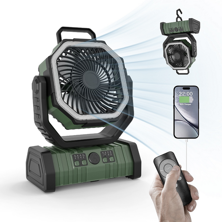 Portable fan with remote control and smartphone app on a white background