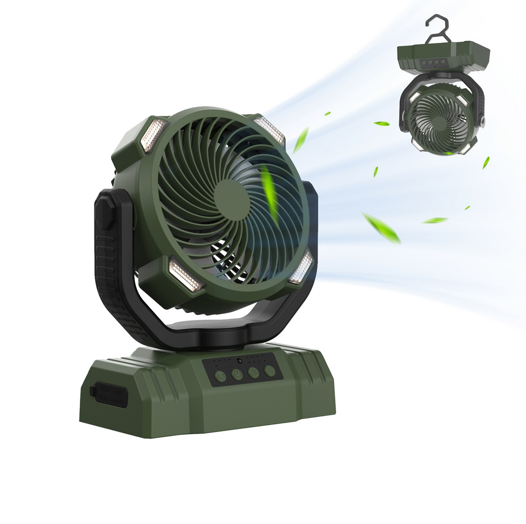 Green portable fan with a charging cable on a white background