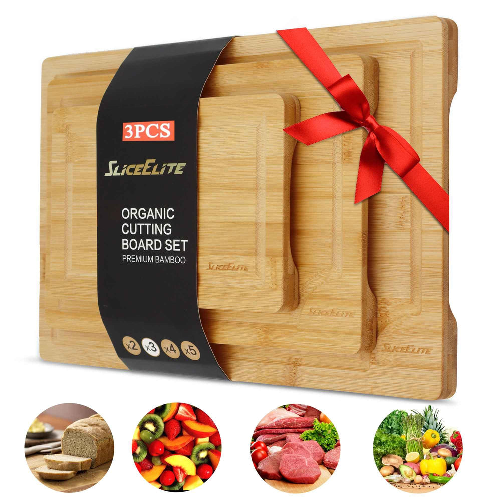 Set of three bamboo cutting boards with a red ribbon and Slice Elite branding, surrounded by food images.