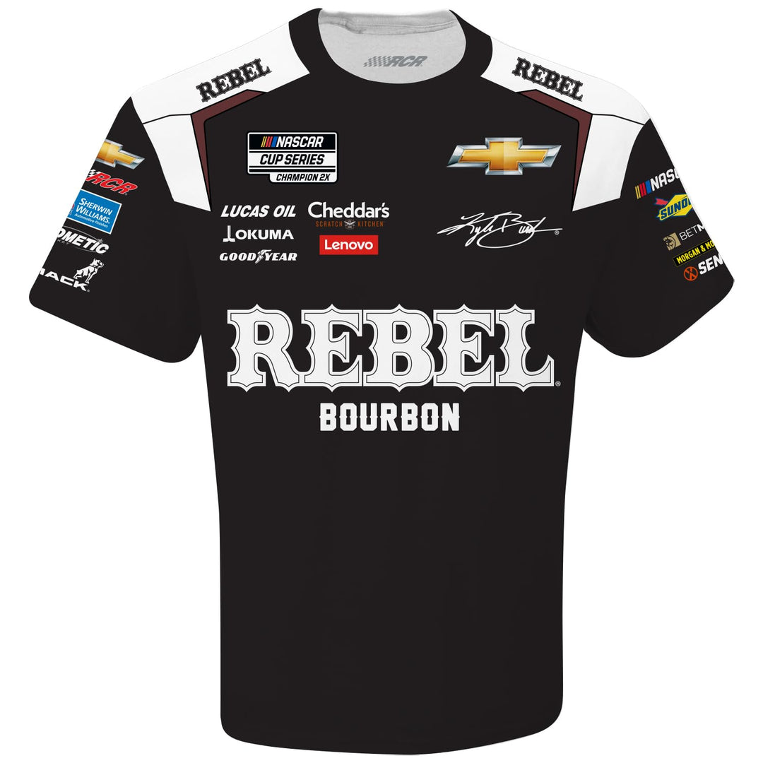 Black racing shirt with various sponsor logos on a white background