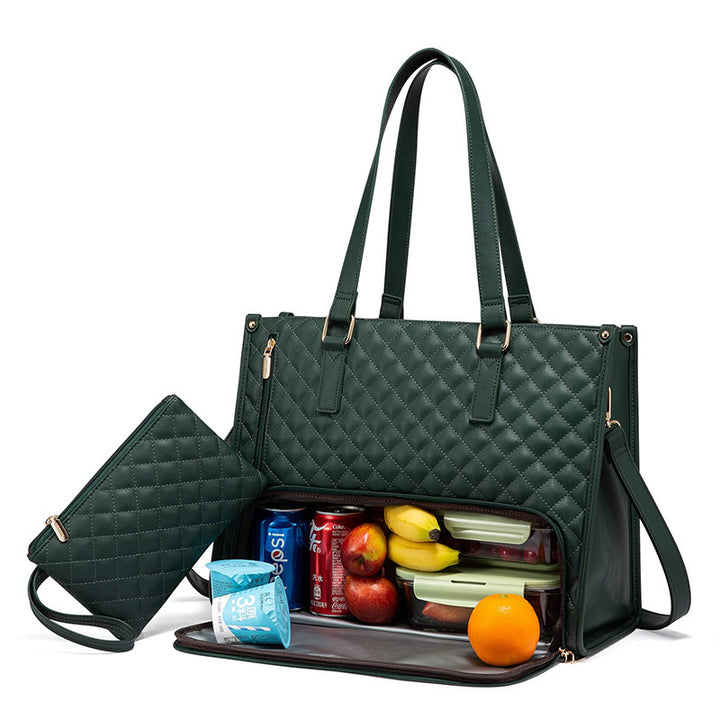Green quilted handbag with compartments containing snacks and drinks on a white background