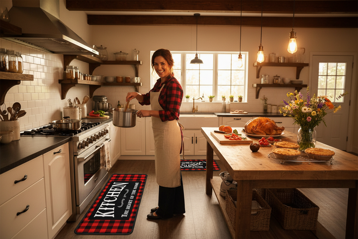 Farmhouse Kitchen Mat Set – Woman Cooking Family Dinner Lifestyle