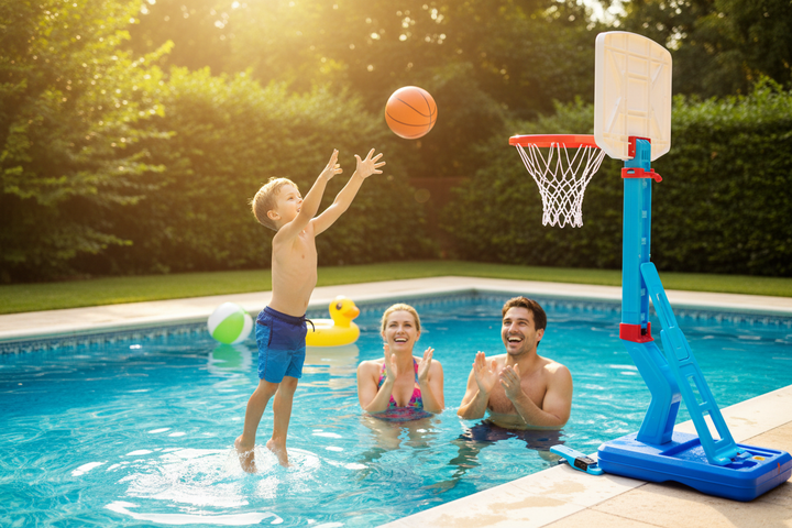 Kids Blue Basketball Hoop – Poolside with Parents Clapping