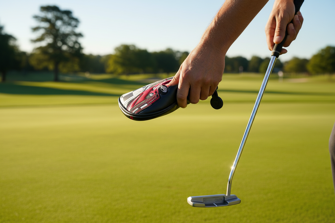 Racing Car Putter Cover – Golfer Removing Cover on Green