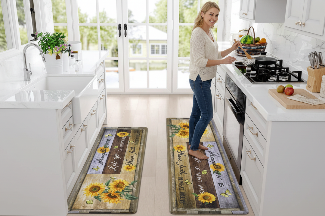 Sunflower Kitchen Mat Set – Woman Cooking in Farmhouse Kitchen Lifestyle
