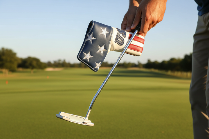 USA Flag Blade Putter Cover – Golfer Removing Cover on Green